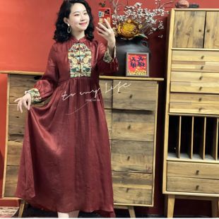 中式 添香 连衣裙女刺绣高级感苎麻长裙LYQ25Y116 红袖 羊在在