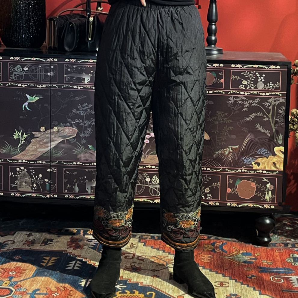 【羊在在】冬季菱形格纹中式刺绣绣花阔腿羽绒裤KZ24XL11133