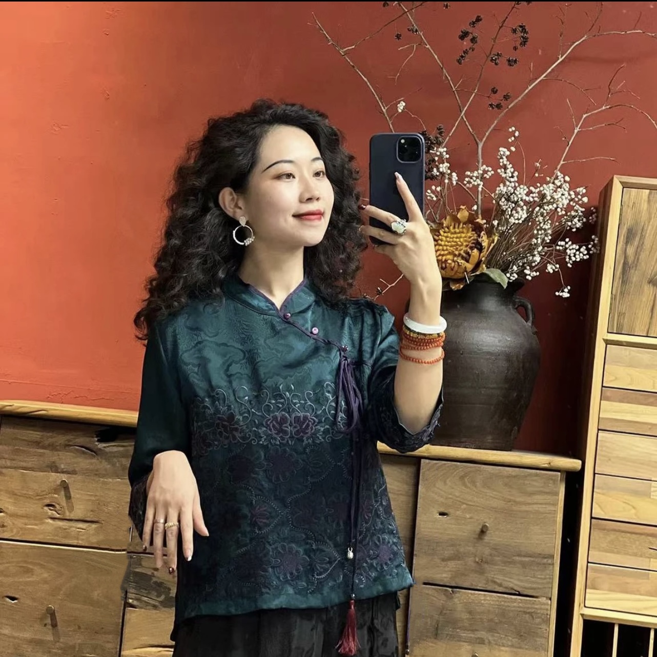 重工刺绣系带小衫中式衬衫