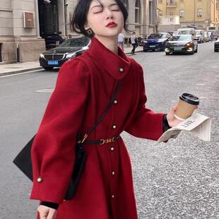 2025新款赫本风复古呢子大衣高级感红色长款收腰毛呢外套女秋冬季