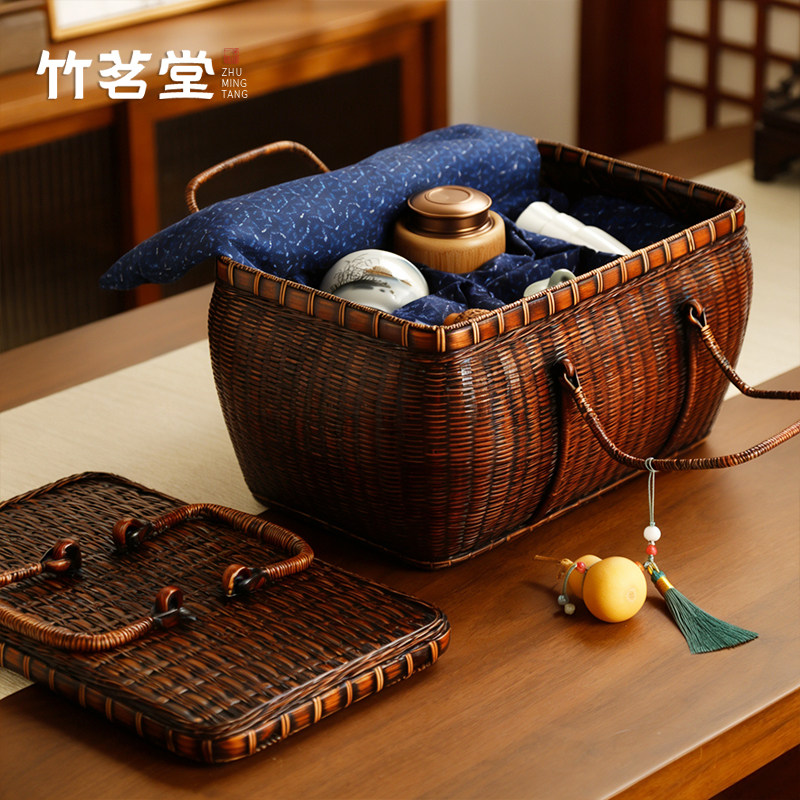 夏梦精品竹编茶具收纳包户外女士茶人手提包竹编包便携茶箱收纳箱
