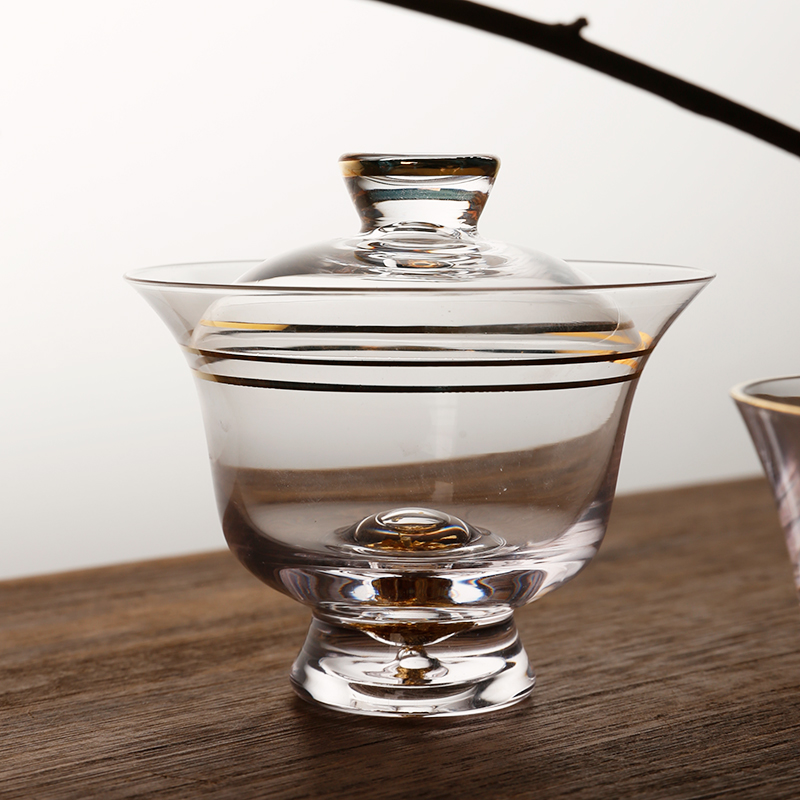 描金玻璃功夫茶具三才盖碗泡茶器大号公道杯敬茶碗茶杯手抓壶耐热