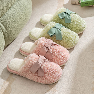 蝴蝶结棉拖鞋女秋冬季可爱