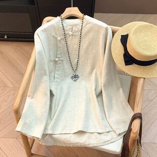 立领盘扣文艺复古长袖棉麻上衣女春秋季新款百搭气质宽松遮肉显瘦