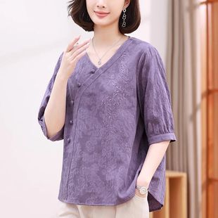 T恤女大码 新款 棉麻短袖 宽松2024夏季 上衣 妈妈新中式 洋气绣花小衫