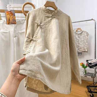 春秋季新款立领盘扣棉麻长袖衬衫上衣女新中式文艺复古中长款气质