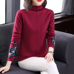 国风民族风t恤长袖秋冬季修身中式上衣半高领德绒打底衫女装大码