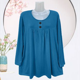 春秋季新款百搭妈妈装大码上衣圆领纽扣装饰宽松遮肉显瘦长袖T恤