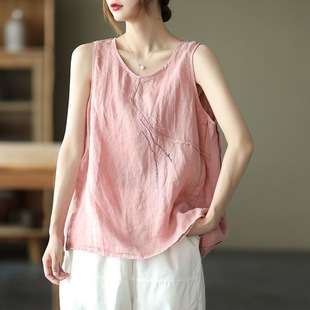 2025夏季新款百搭宽松休闲文艺复古刺绣棉麻吊带背心无袖上衣女装