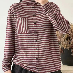 撞色设计感条纹显瘦长袖打底衫女装秋冬新款宽松洋气显瘦百搭上衣