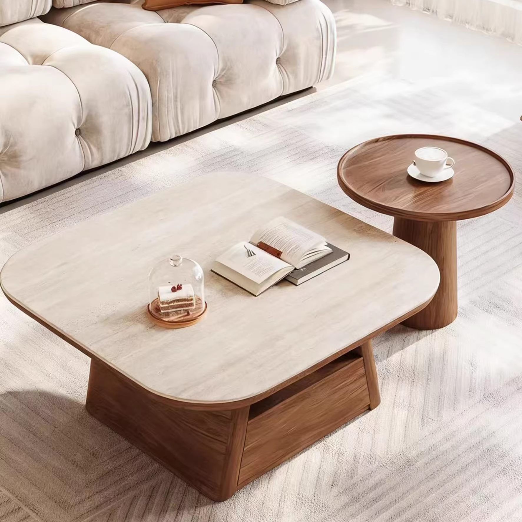 中古风洞石岩板茶几小户型客厅家用复古茶几边几组合2025新款极简,住宅家具,茶几,淘宝优惠券,粉丝福利购,淘宝优惠卷