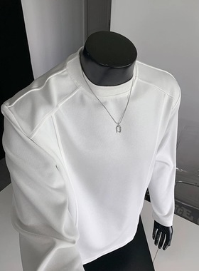 美式重磅正肩长袖t恤男春秋白色内搭打底衫潮流cleanfit圆领卫衣