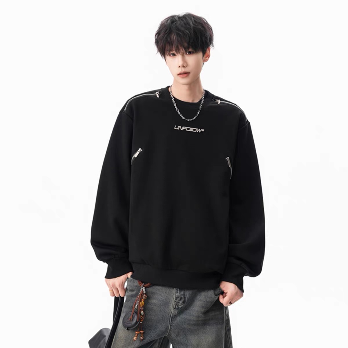 美式金属拉链重磅圆领卫衣男潮牌新款秋季高街设计感宽松痞帅上衣