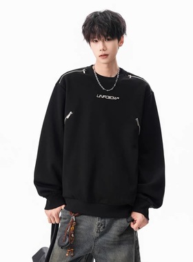 美式金属拉链重磅圆领卫衣男潮牌新款秋季高街设计感宽松痞帅上衣