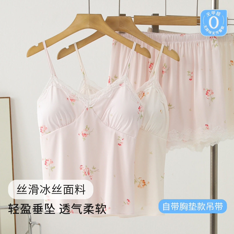 新款蕾丝花边吊带睡衣女带胸垫冰丝短裤甜美小碎花薄款家居服套装