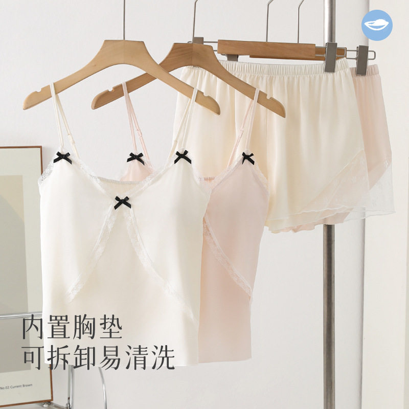 性感蕾丝吊带睡衣女带胸垫冰丝短裤春夏季薄款时尚舒适家居服套装
