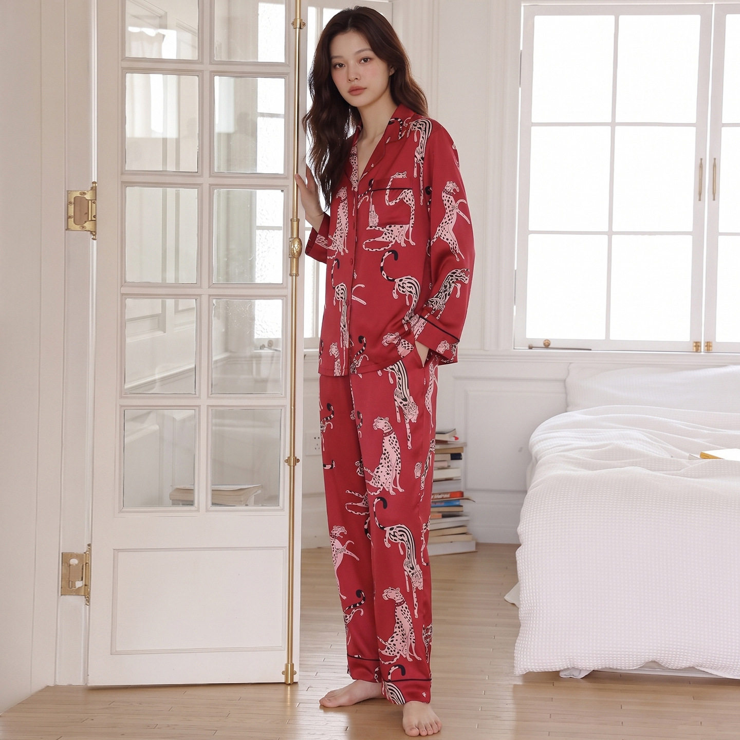 春秋季情侣睡衣女酒红本命年喜庆新婚冰丝长袖长裤薄款家居服套装