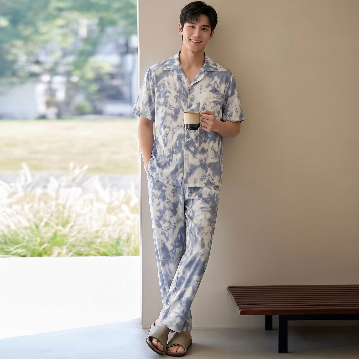 男士睡衣春夏季冰丝短袖长裤加大码翻领开衫凉感仿真丝居家两件套