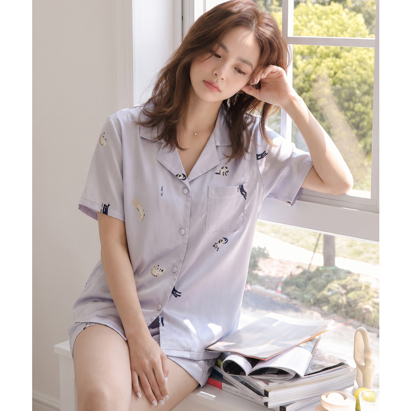 夏季冰丝短袖短裤睡衣女小猫印花翻领开衫凉感丝绸女士家居服套装