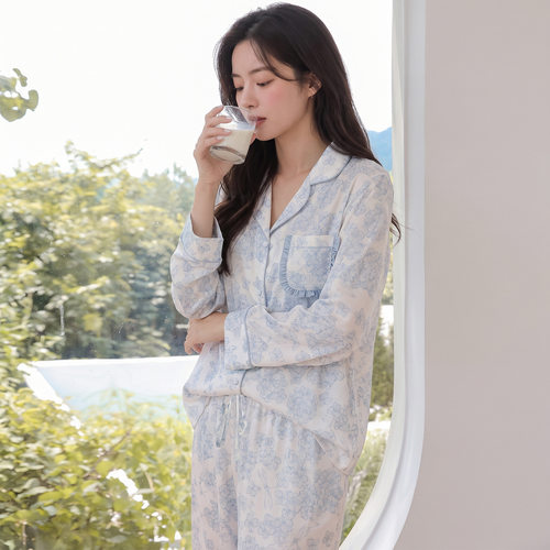 冰丝长袖睡衣女春秋法式花卉翻领开衫套装薄款仿真丝家居服两件套