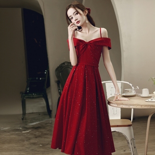 夏季 订婚礼服女红色连衣裙平时可穿小个子裙子 敬酒服新娘结婚便装
