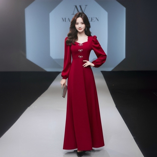 法式 高端红色敬酒服新娘气质结婚显瘦礼服连衣裙回门主持长裙便装