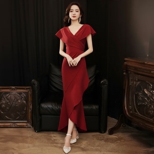 法式 长裙子 气质红色宴会敬酒服新娘鱼尾订婚礼服裙女结婚回门便装