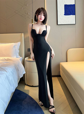 性感深v领黑色吊带长裙夜场礼服ktv佳丽桑拿足浴夜总会开叉连衣裙