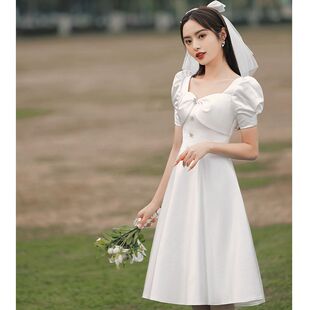 2024年新款白色订婚高端优雅晚礼服裙中裙修身显瘦复古超仙连衣裙