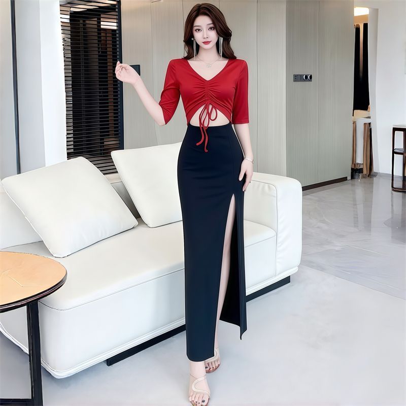 轻奢长款晚礼服裙子V领抽绳露腰设计感高腰开叉显瘦鱼尾连衣裙女图片