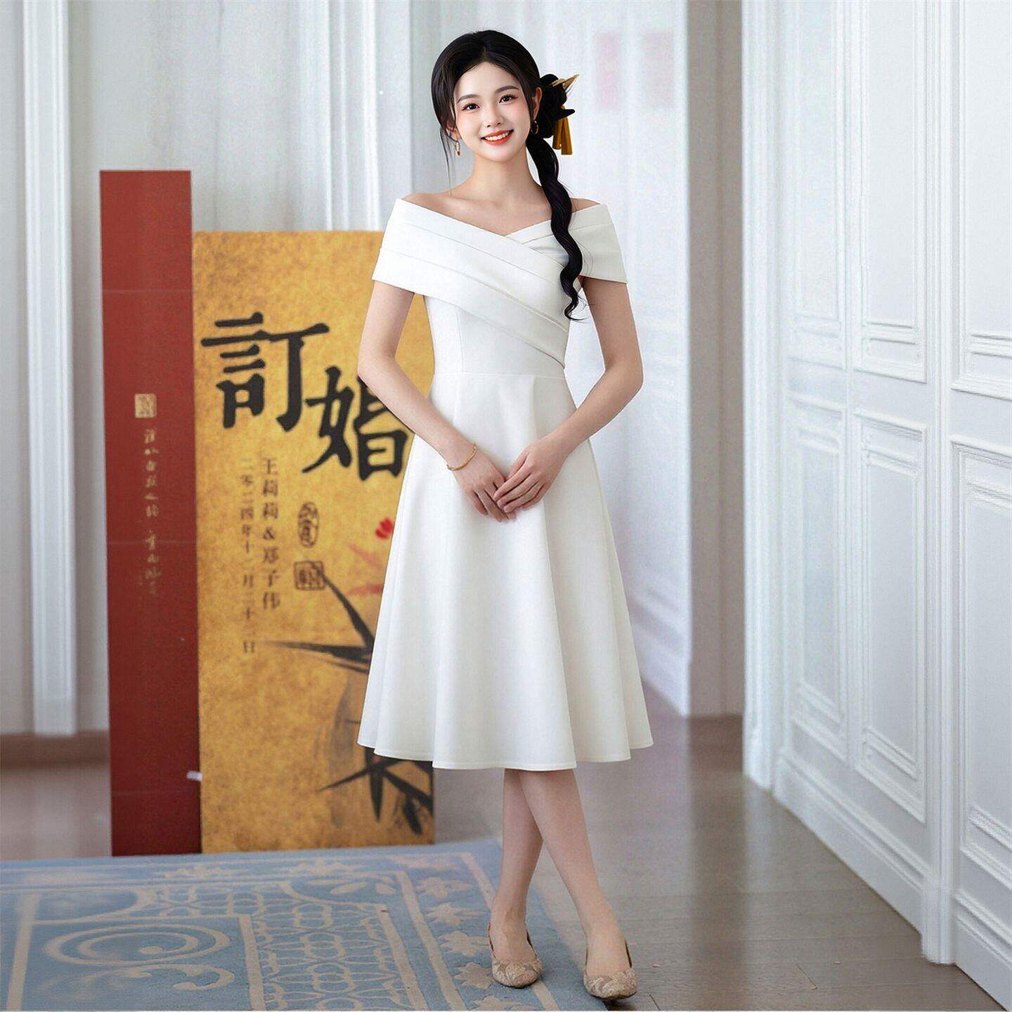 新娘白色一字肩轻婚纱收腰A摆中长款领证订婚回门日常礼服小个子