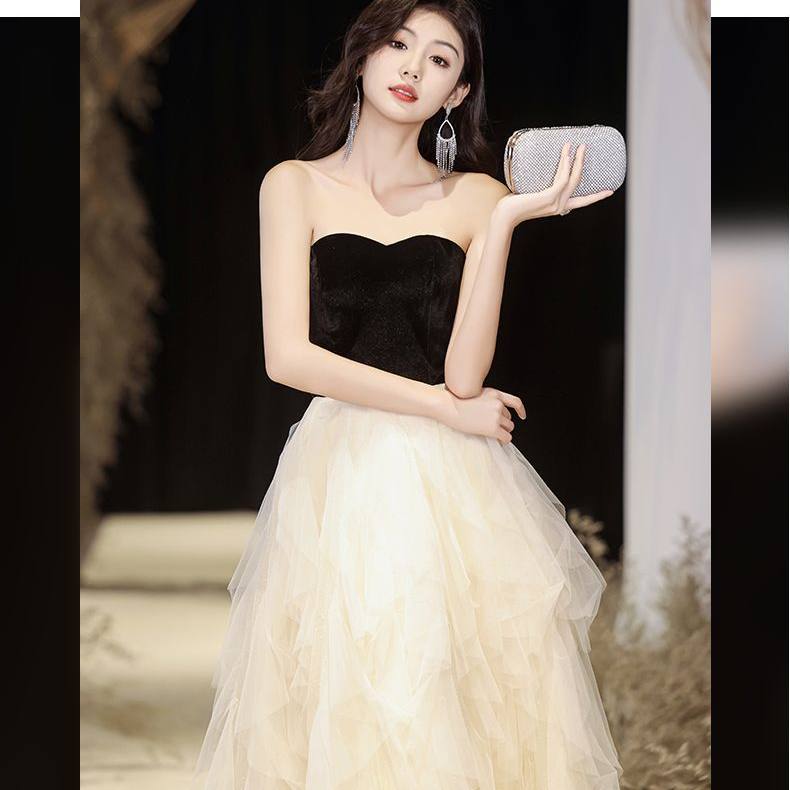 抹胸晚礼服裙子女蝴蝶结装饰高腰网纱拼接蓬蓬长裙主持人气质裙装图片