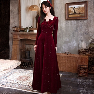 回门敬酒订婚服结婚新娘便装 晚礼服丝绒小个子日常连衣裙 宴会长袖