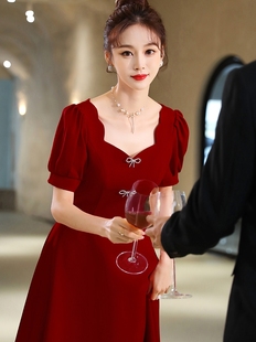 2025敬酒服新娘小个子平时可穿订婚连衣裙红色礼服女回门便装 法式