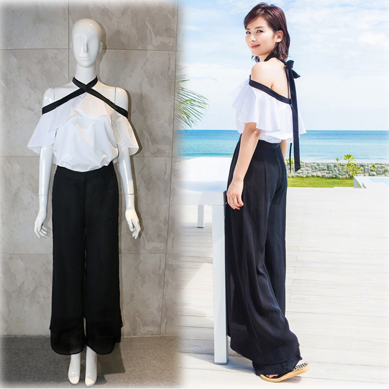 欢乐颂2安迪刘涛明星同款女装露肩吊脖上衣加阔腿裤套装女夏衣服