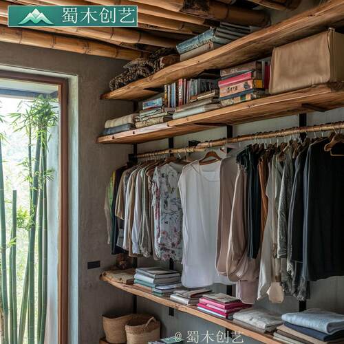 壁挂步入开放式衣柜实木复古原木色中古风衣帽间收纳柜子一字隔板