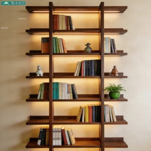 蜀木创艺省空间实木书架落地多层收纳置物架客厅展示柜书柜一体