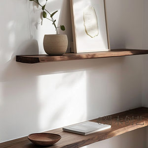 胡桃色实木一字板置物架原木色北欧风简约现代美式挂板层板一字板