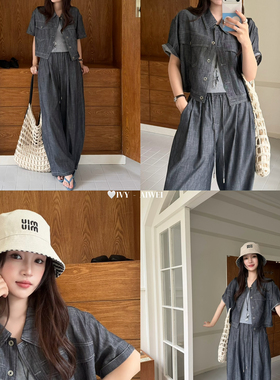 玥儿复古牛仔短袖外套+百搭显瘦纯色背心两件套套装(配挂饰)83626