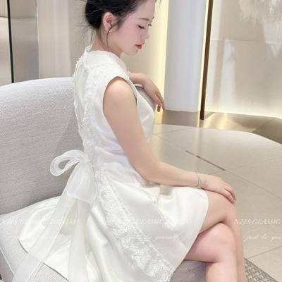 玥儿小众名媛千金风重工蕾丝拼接蝴蝶结娃娃领无袖连衣裙8631