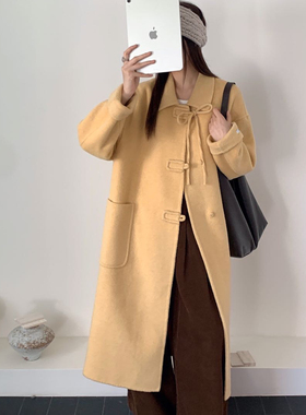 玥儿小众系领口系带减龄长款双面大衣羊毛外套（含100羊毛）26421