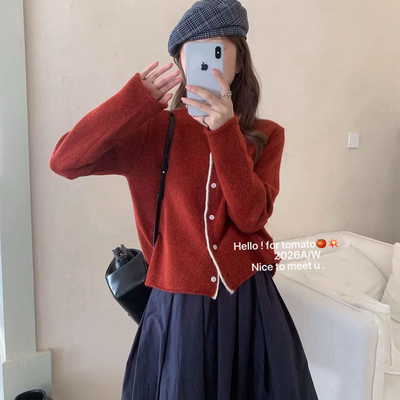 玥儿时尚撞色卷边下摆设计针织开衫毛衣(含29.3绵羊毛)3860194