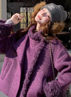 玥儿子双面拼接毛毛短款羊毛外套（含70羊毛）L-SL77180