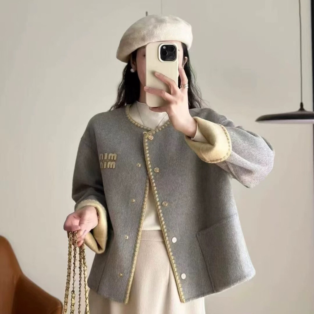 玥儿套女2025冬新款撞色设计感双面呢羊毛外套(含100羊毛)33320