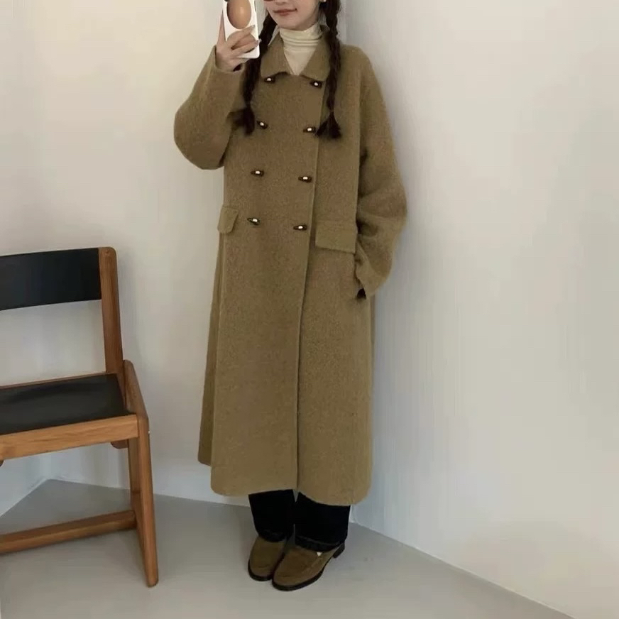 玥儿小众冬上新通勤百搭翻领双排扣宽松羊毛外套（含100羊毛）224