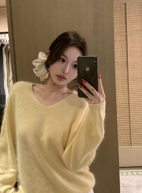 玥儿早春新款慵懒百搭松弛感百搭纯色V领宽松长袖针织衫A22112