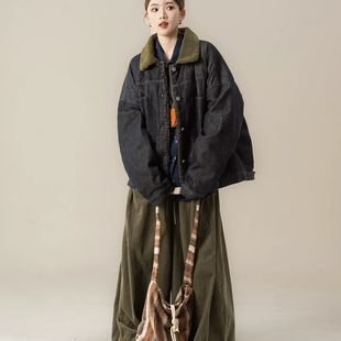 玥儿小众复古水洗加绒撞色牛仔外套M8320