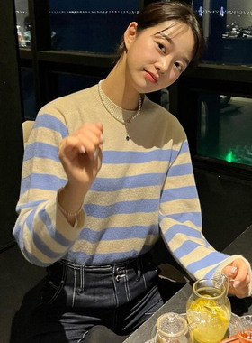 玥儿韩系设计感宽松休闲条纹针织衫121910