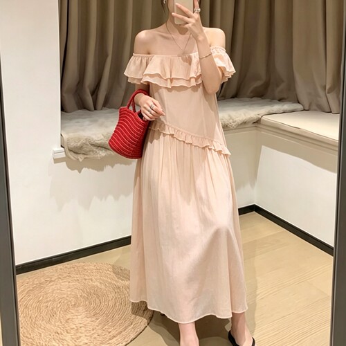 式甜美风方领泡泡袖荷叶边连衣裙女显瘦收腰公主裙后背松紧连衣裙