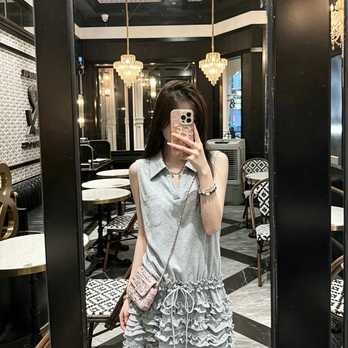 法式气质无袖Polo领连衣裙女夏季小众设计感多层木耳边裙子连衣裙